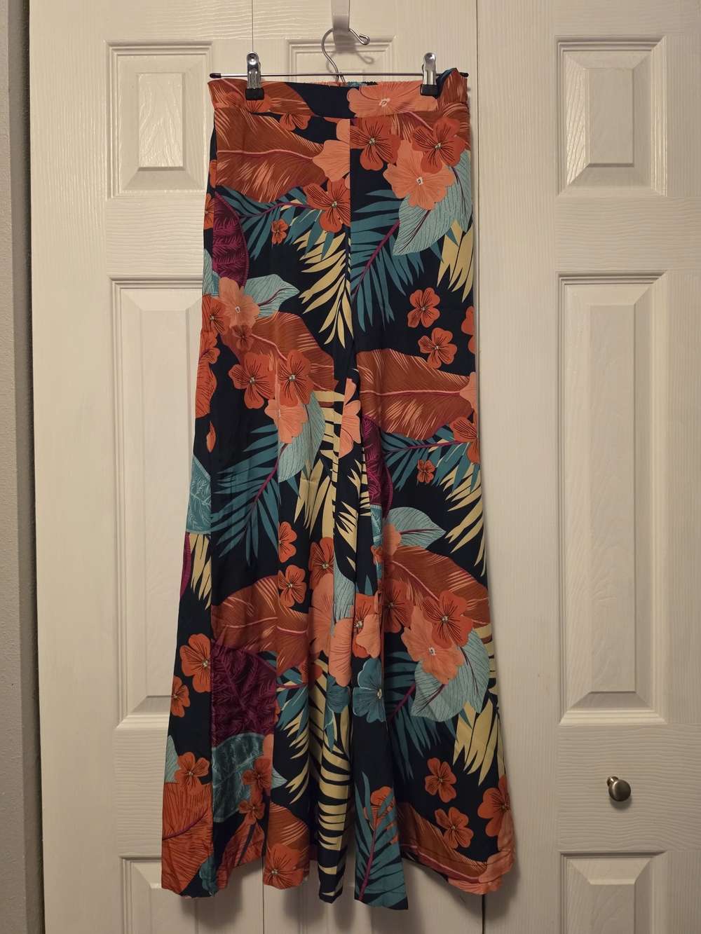 Wide Leg Flowy Tropical Floral Pants - Navy & Coral